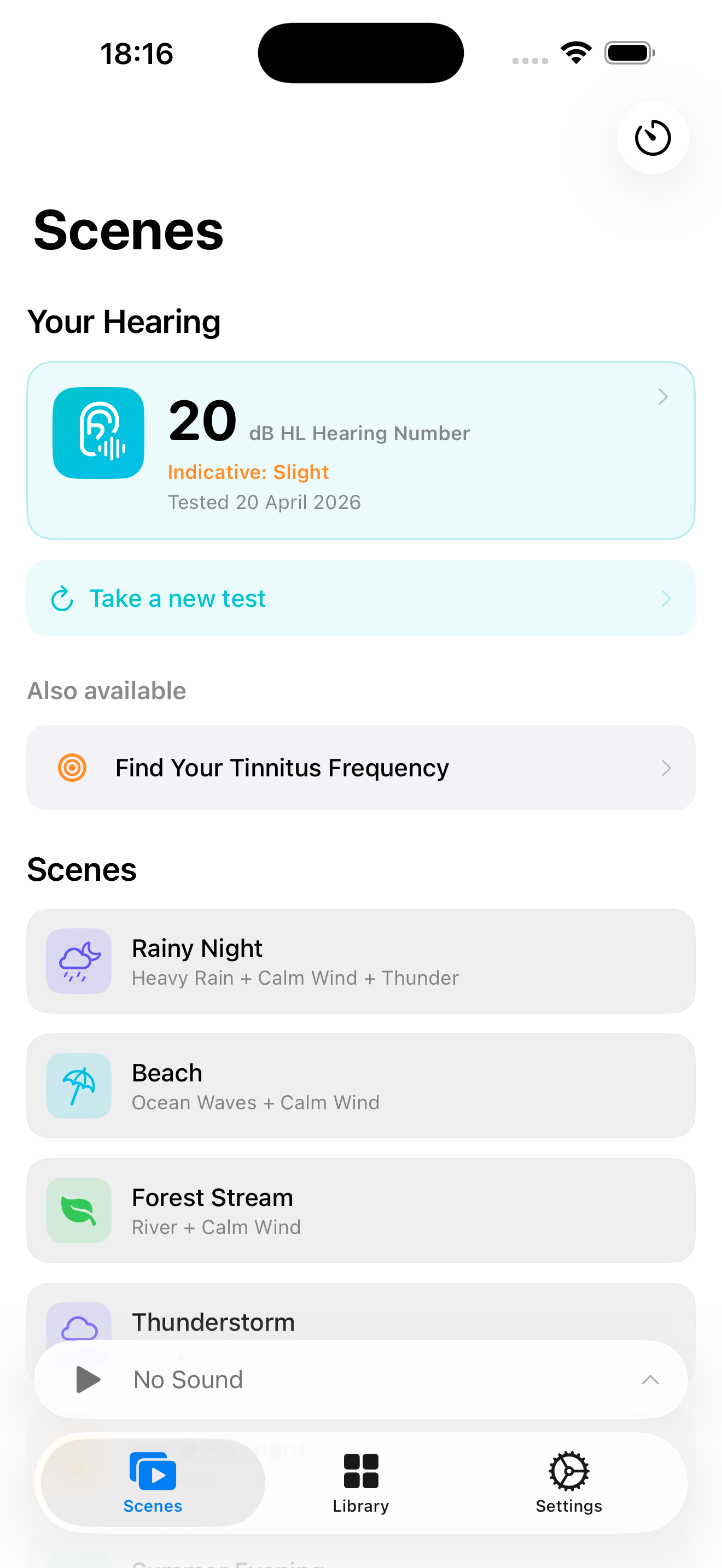Tinni iPhone App showing Sound Scenes and Hearing Test overview